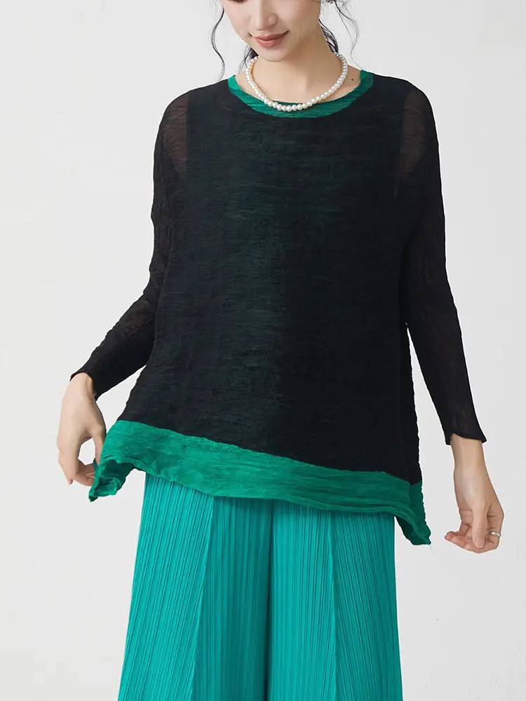 LANMREM Colorblock Spliced Hem Irregular Women's Pleated T-shirts High-end Loose Long Sleeved Round Collar Pullover Tops 2DB3276