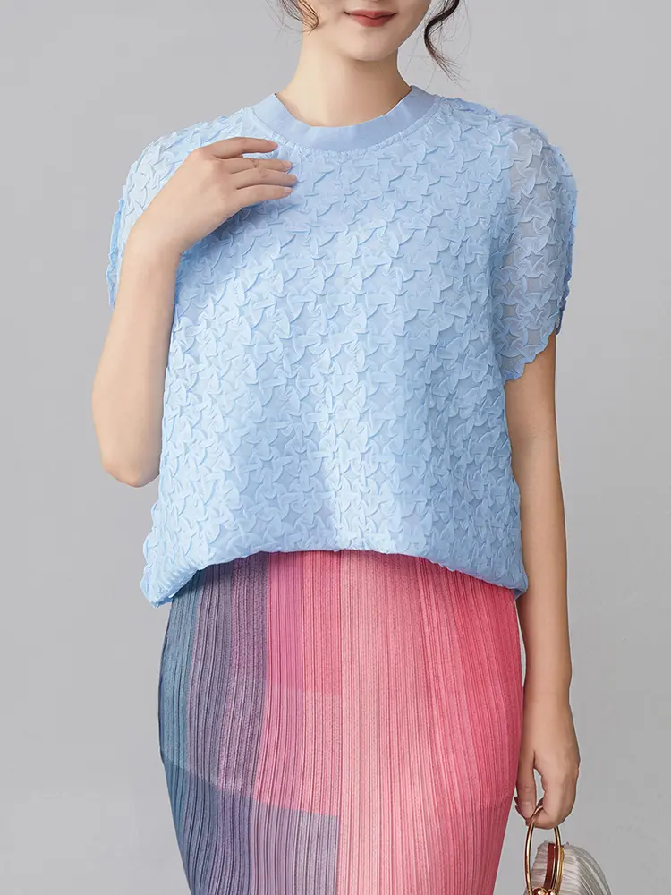 LANMREM High End Temperament Pleated Texture Apricot T-shirt Women Summer 2025 New Hollowed Out Short Sleeve Elegant Top 2DB3235