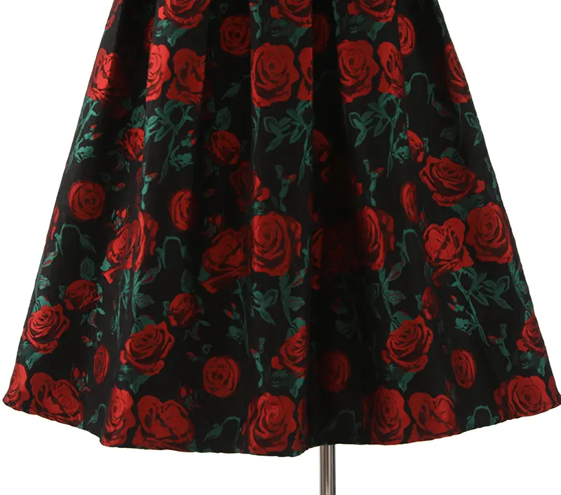 LANMREM Black Red Rose Jacquard High Waist Skirt For Women Niche Design Ball Gown A-line Skirts 2025 New Vintage Chic 2DB3385
