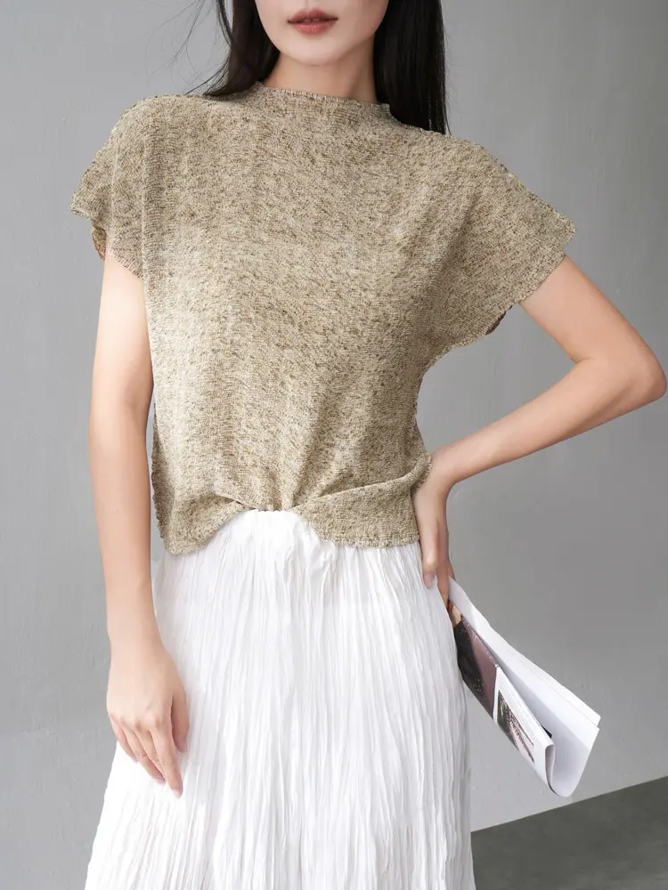 LANMREM Pleated T-shirt For Women 2025 Summer New Short Sleeves Loose Casual Top Female Comfortable Clothes 2DM1013