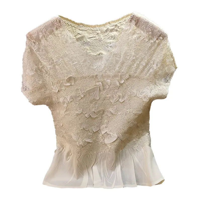 LANMREM Summer Splicing Embossed Pleated Top For Women Temperament Elastic Slim Round Collar Short Sleeve Pullover Tops 2DB3324