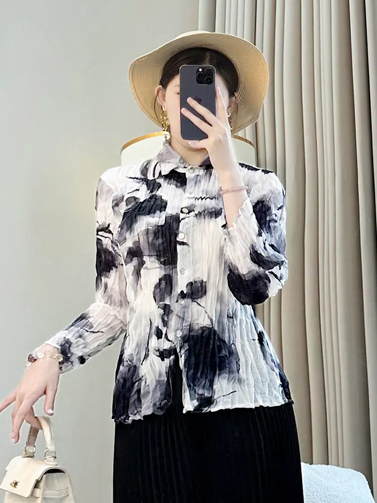 LANMREM Niche Tie Dye Design Printting Pleated Women's Shirts 2025 New High Elastic Slim Chic Blouse Long Sleeve Tops 2DB3470