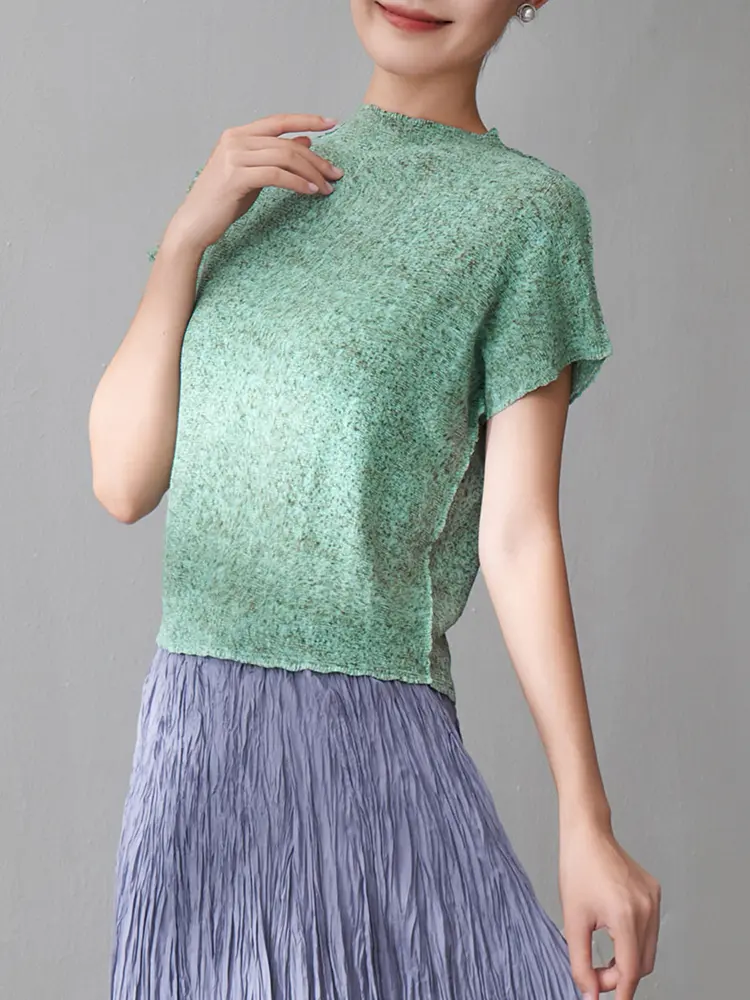 LANMREM Pleated T-shirt For Women 2025 Summer New Short Sleeves Loose Casual Top Female Comfortable Clothes 2DM1013