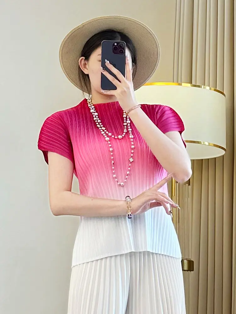 LANMREM Gradient High Elastic Slim Short Sleeve Women's T-shirt 2025 New Summer Stand Collar Fashion Pullover Tee Top 2DB3545