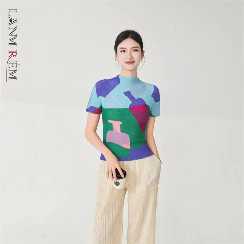 LANMREM High Elastic Slimming Women's T-Shirt Summer Short Sleeve Corn Grain Print Versatile Trendy Pullover Top Chic 2DB4078