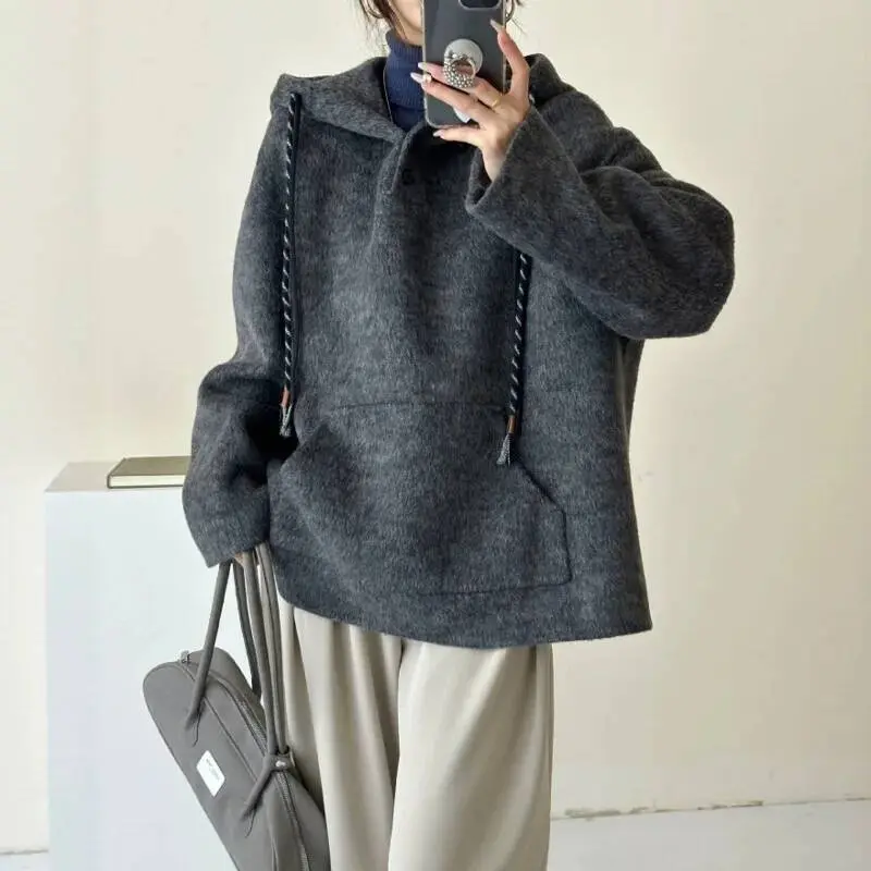 LANMREM High Quality Grey Pullover Hooded Long Sleeve Drop Shoulder Women's Sweatshirt Autumn Winter Double-Sided Top 2DB4064