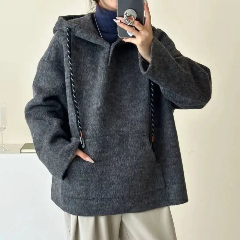 LANMREM High Quality Grey Pullover Hooded Long Sleeve Drop Shoulder Women's Sweatshirt Autumn Winter Double-Sided Top 2DB4064