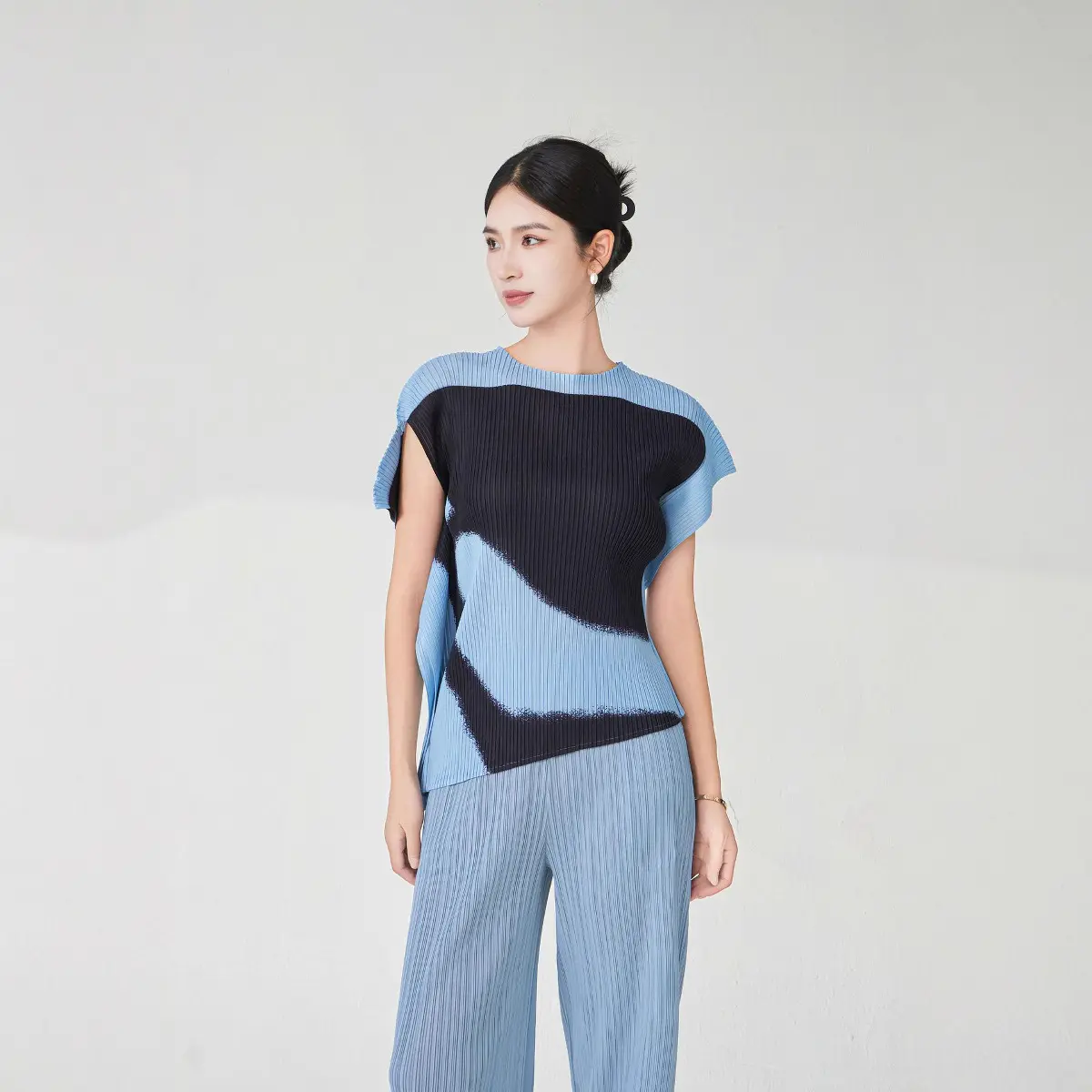 LANMREM Niche Colorblock Printting Irregular Pleated Women's T-Shirt High-End Chic New Loose Short Sleeve Summer Top 2DB395405