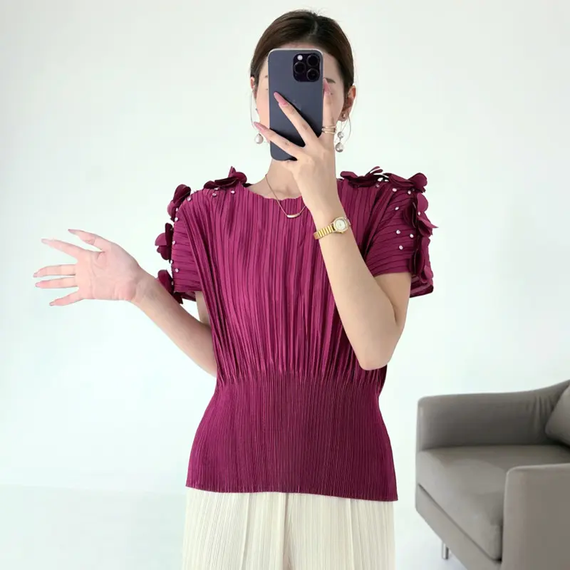 LANMREM Summer Pleated Embroidered Women's T-Shirt Elasitc Waist Design High-End Beaded O-neck Batwing Short Sleeve Top 2DB3792
