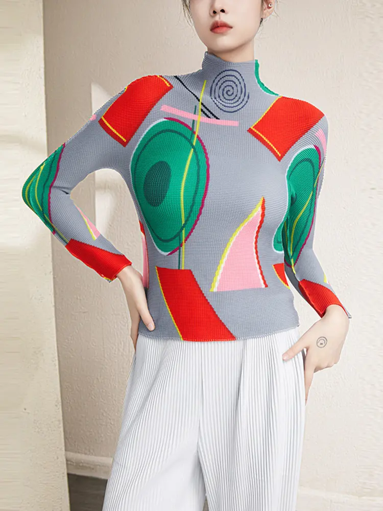 LANMREM High Neck Elastic Slim Printting Pleated Women's T-shirt Niche Elegant Printed Temperament. Long Sleeved Top 2DB3416