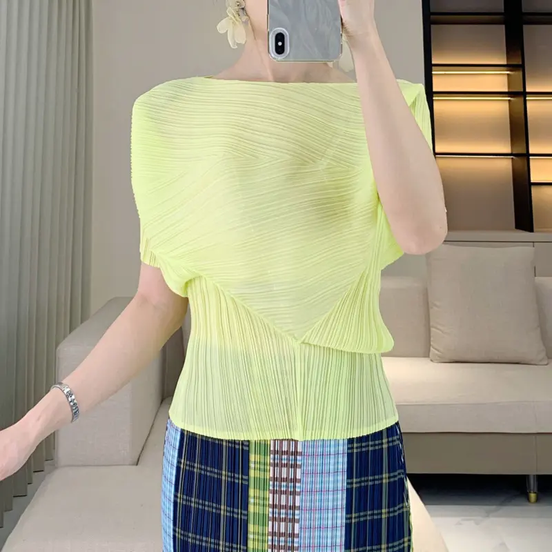 LANMREM Pleated Irregular Short Sleeve Chic Women's T-shirt Versatile Elegant Elastic Slim Casual Summer Pullover Tops 2DB4201