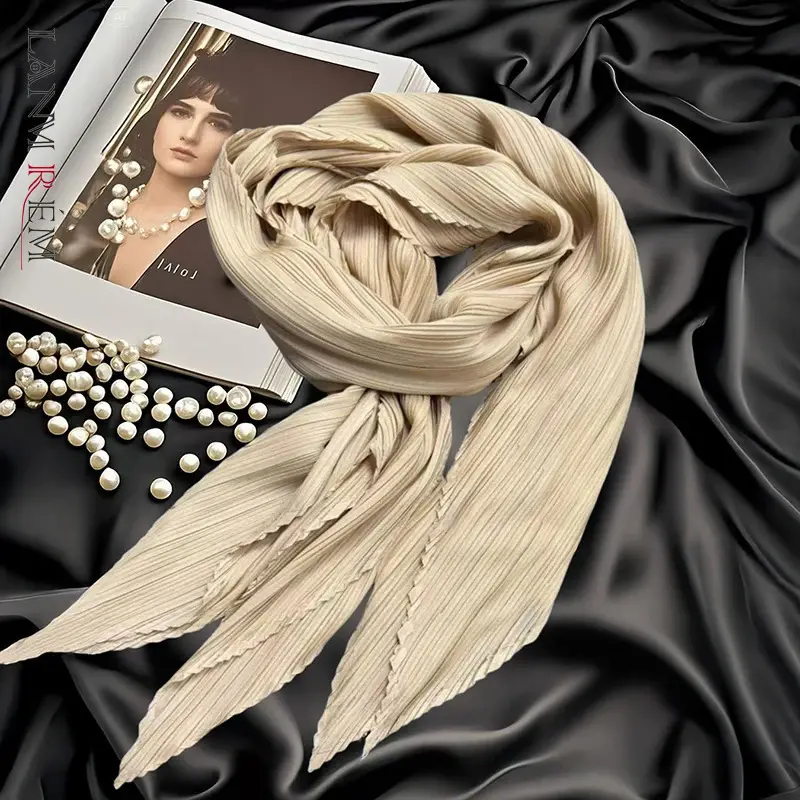 LANMREM Women's Chic New Solid Color Pleated Scarf Lightweight Comfortable Travel Accessory Shawl Women's Sun Protection 2DB3839