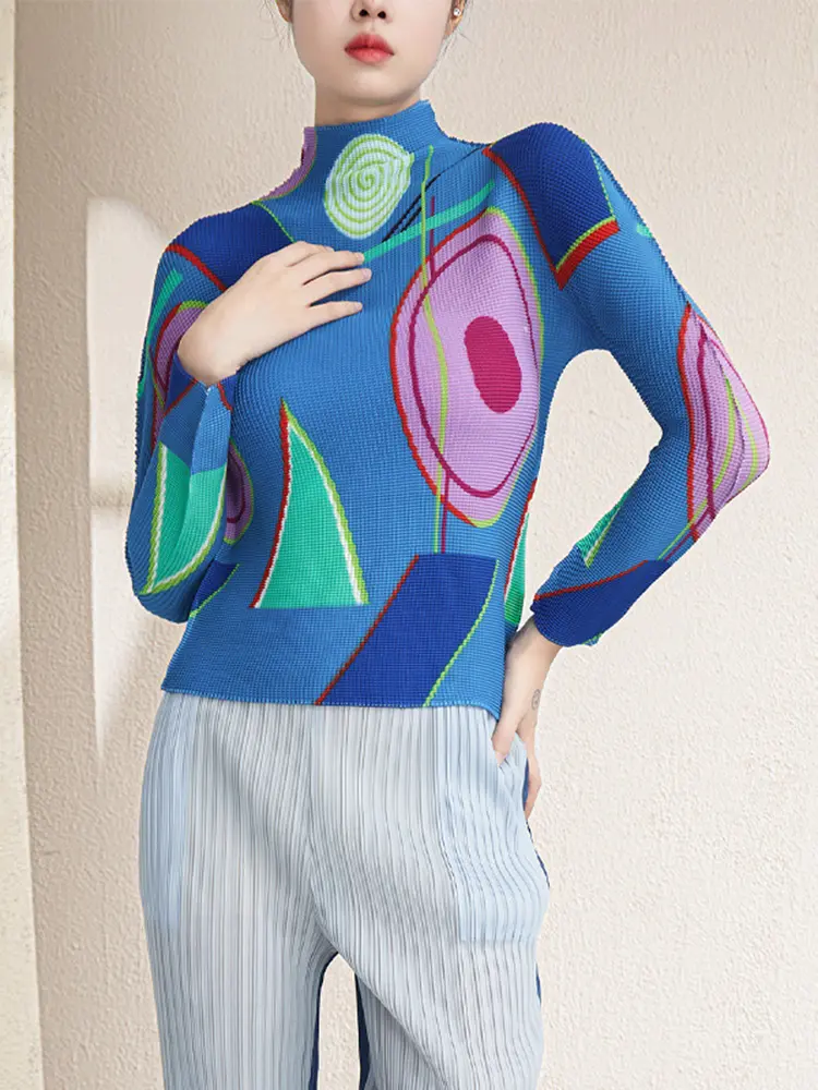 LANMREM High Neck Elastic Slim Printting Pleated Women's T-shirt Niche Elegant Printed Temperament. Long Sleeved Top 2DB3416