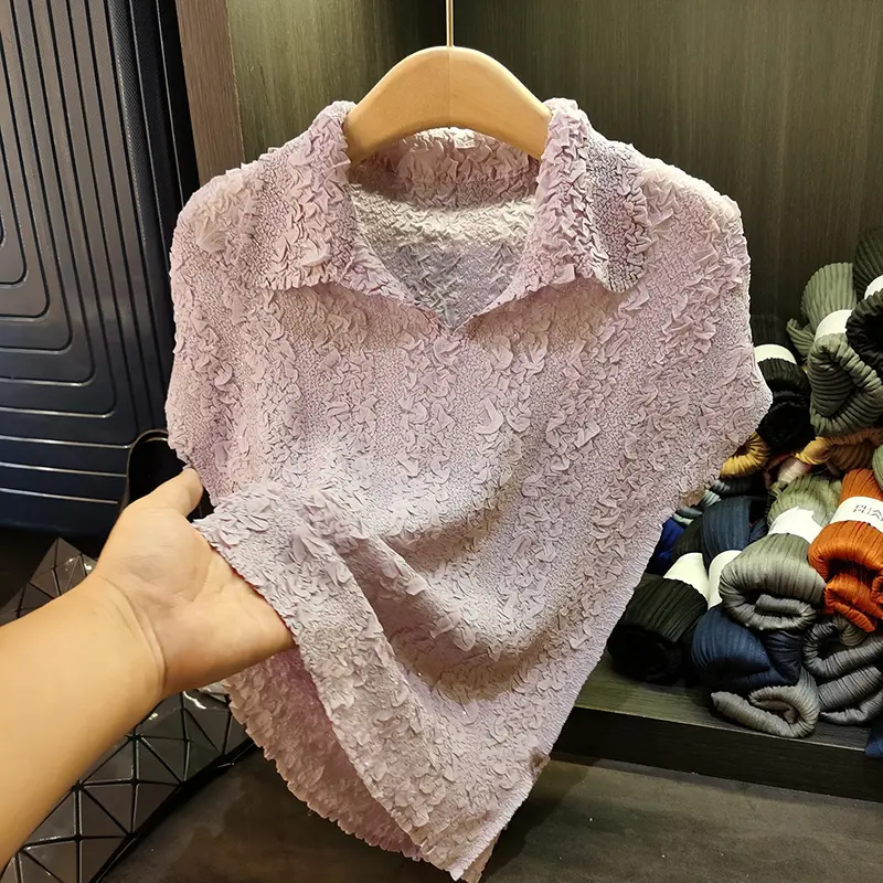 LANMREM Simple Pleated Turn Down Collar Short Sleeve Women's T-Shirt Summer New Versatile Elastic Slimming Pullover Top 2DB3680