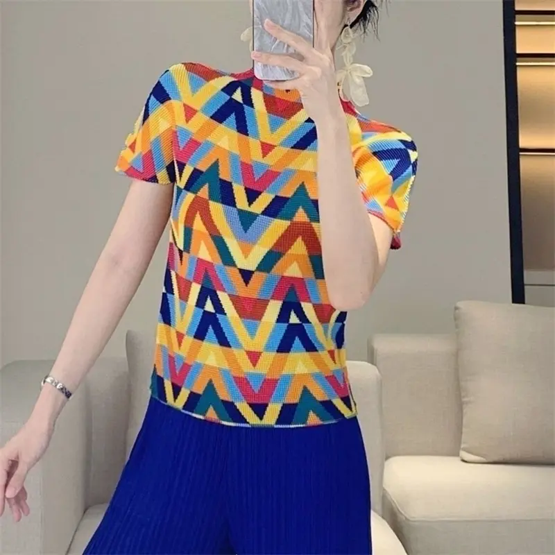 LANMREM High Quality Colorful Striped Short Sleeve Top For Women Elastic Slim Casual Versatile Stand Collar T-shirt 2DB4188