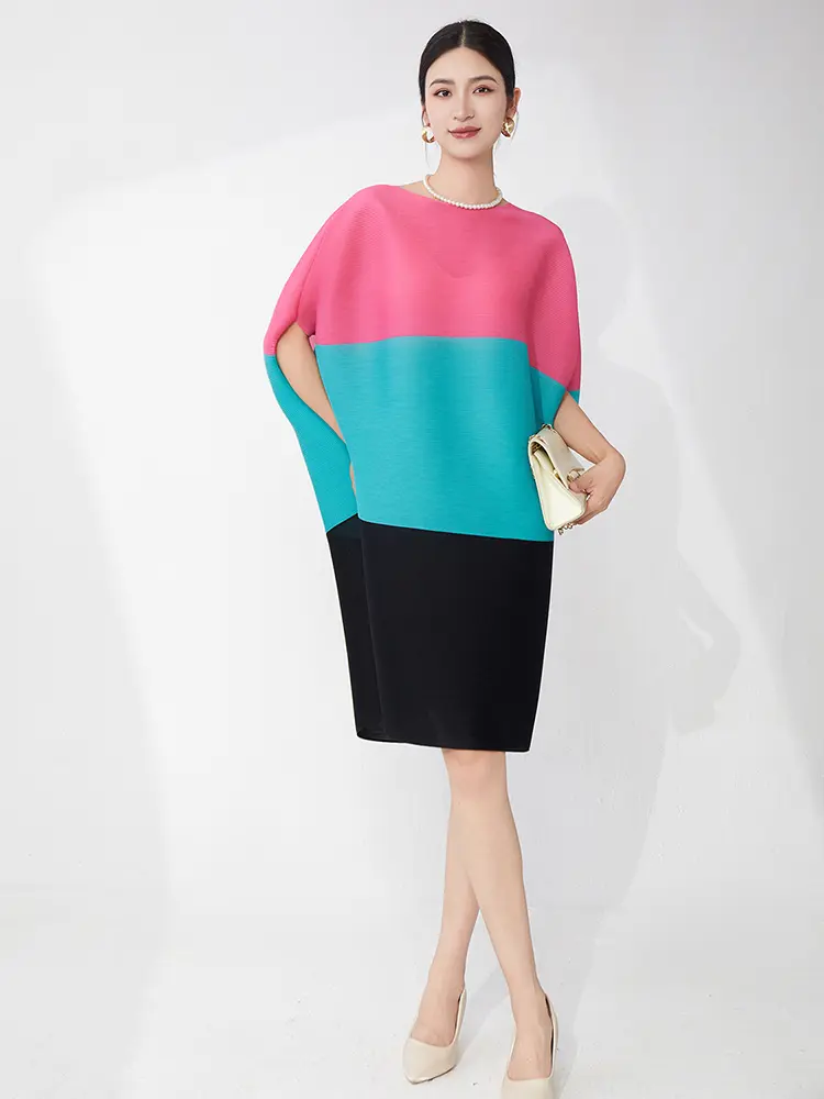 LANMREM color-block spliced design women's pleated dress bat sleeves irregular elastic loose casual knee length dresses 2DB3501
