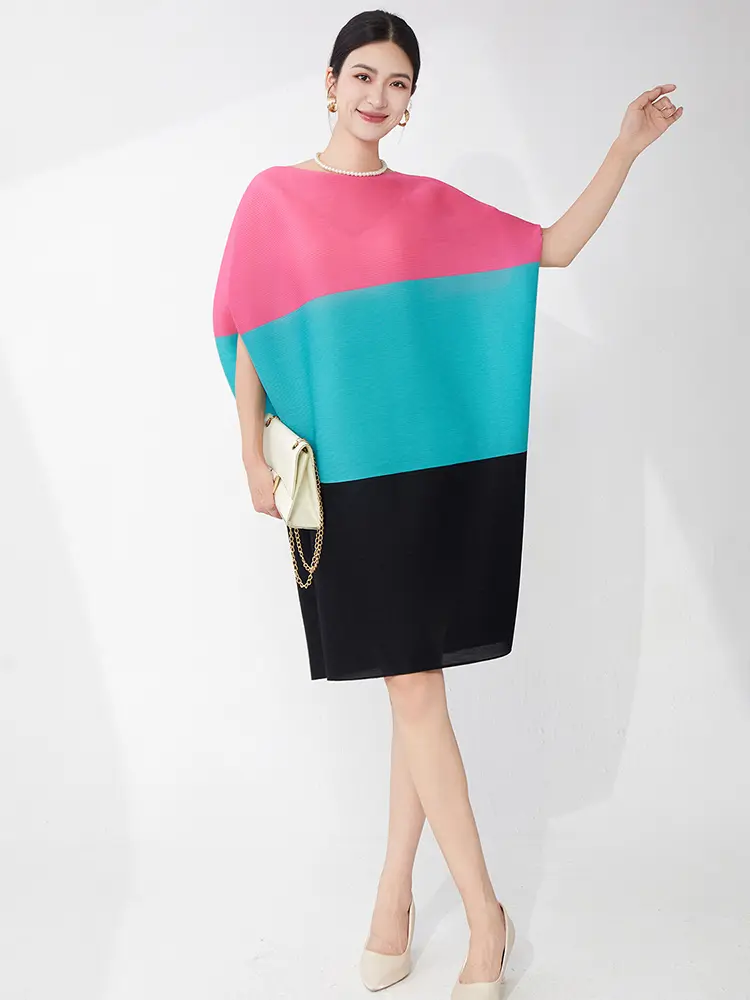 LANMREM color-block spliced design women's pleated dress bat sleeves irregular elastic loose casual knee length dresses 2DB3501