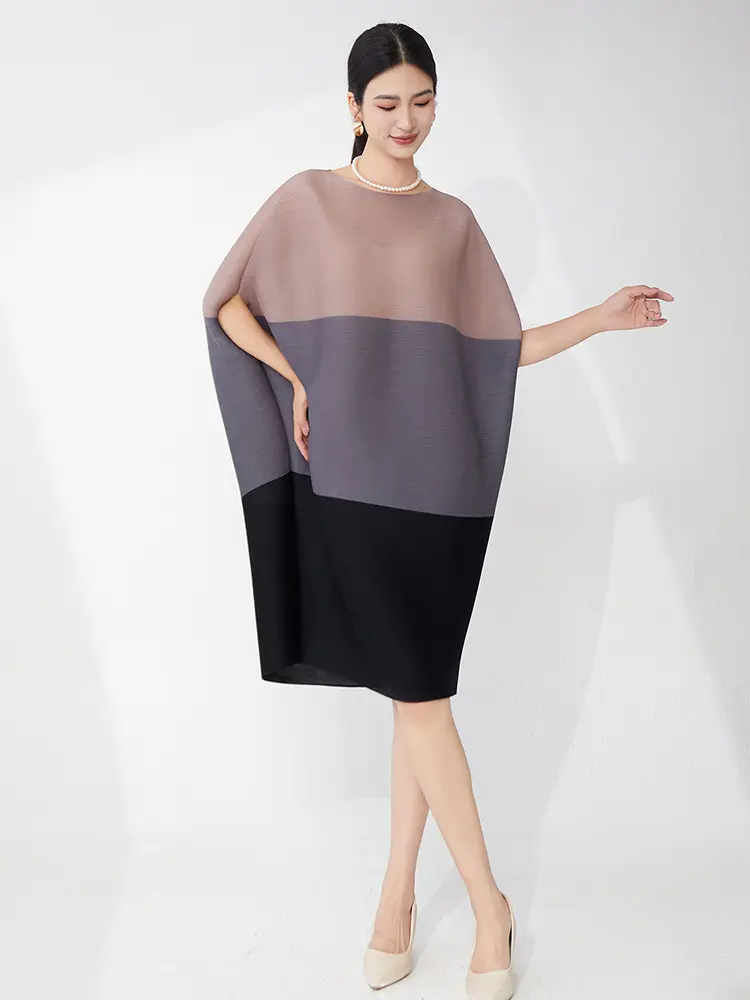 LANMREM color-block spliced design women's pleated dress bat sleeves irregular elastic loose casual knee length dresses 2DB3501