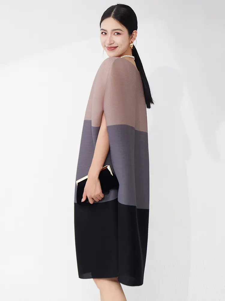 LANMREM color-block spliced design women's pleated dress bat sleeves irregular elastic loose casual knee length dresses 2DB3501