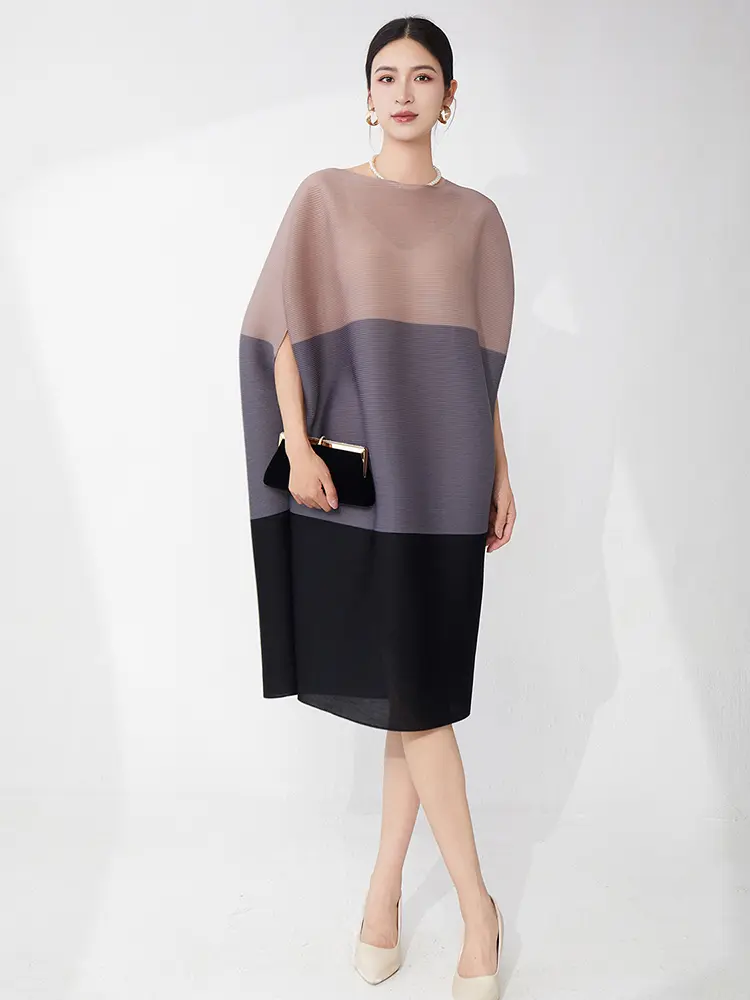 LANMREM color-block spliced design women's pleated dress bat sleeves irregular elastic loose casual knee length dresses 2DB3501