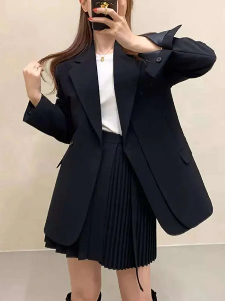 LANMREM Patchwork Blazers For Women Notched Collar Long Sleeves Solid Color Office Lady Chic Clothing Korean Style New 2DB2280