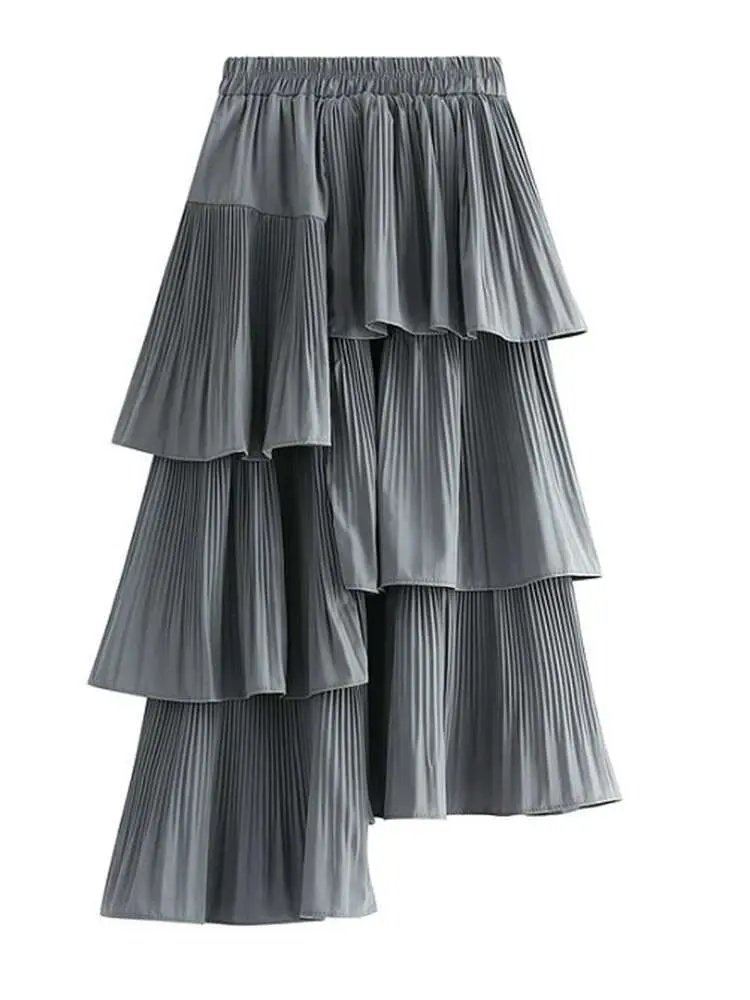 LANMREM Asymmetric Pleated Cake Skirt Women's Versatile Medium And Long Ruffle Irregular Skirts Female Fashion 2025 New 2R1140