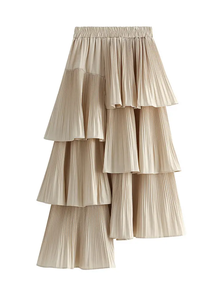 LANMREM Asymmetric Pleated Cake Skirt Women's Versatile Medium And Long Ruffle Irregular Skirts Female Fashion 2025 New 2R1140