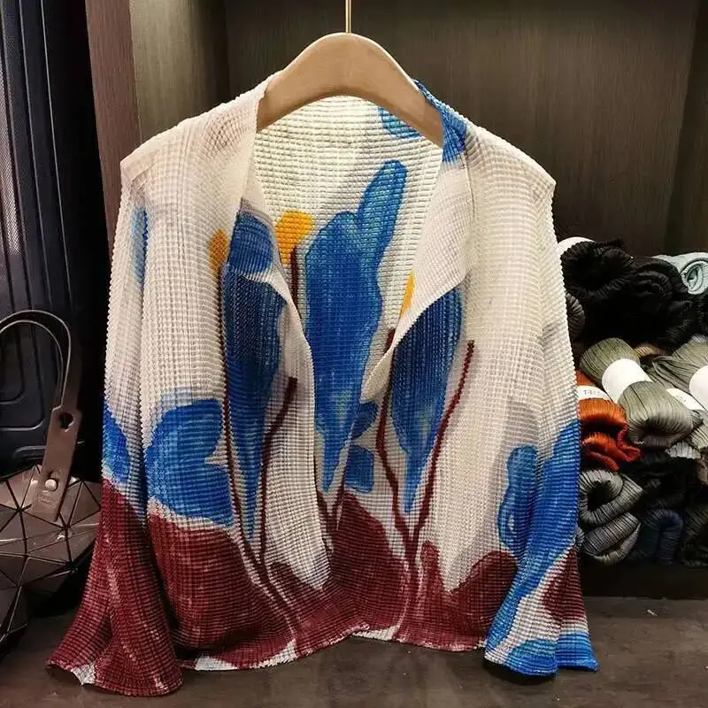 LANMREM Korean Classic Printed Cardigan Top Summer New Loose Casual Pleated Shirts For Women 2025 New Sunscreen Clothing 2DB3212