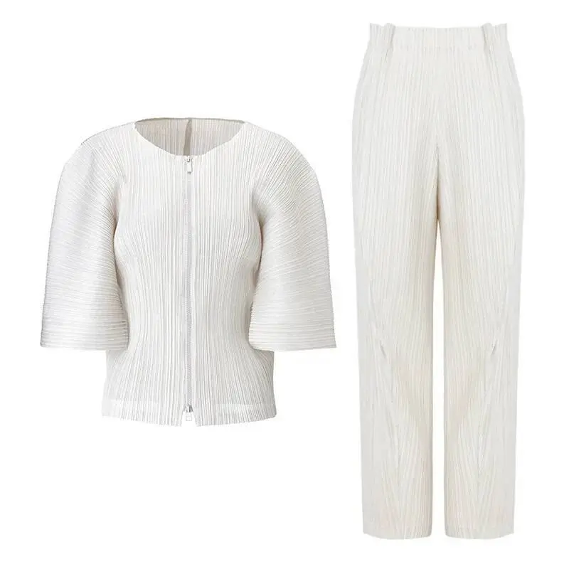 LANMREM Pleated Deisng Two Pieces Set Women's Round Collar Profile Half Sleeve Zipper Tops And Folded spliced Pants Sets 2DB2863