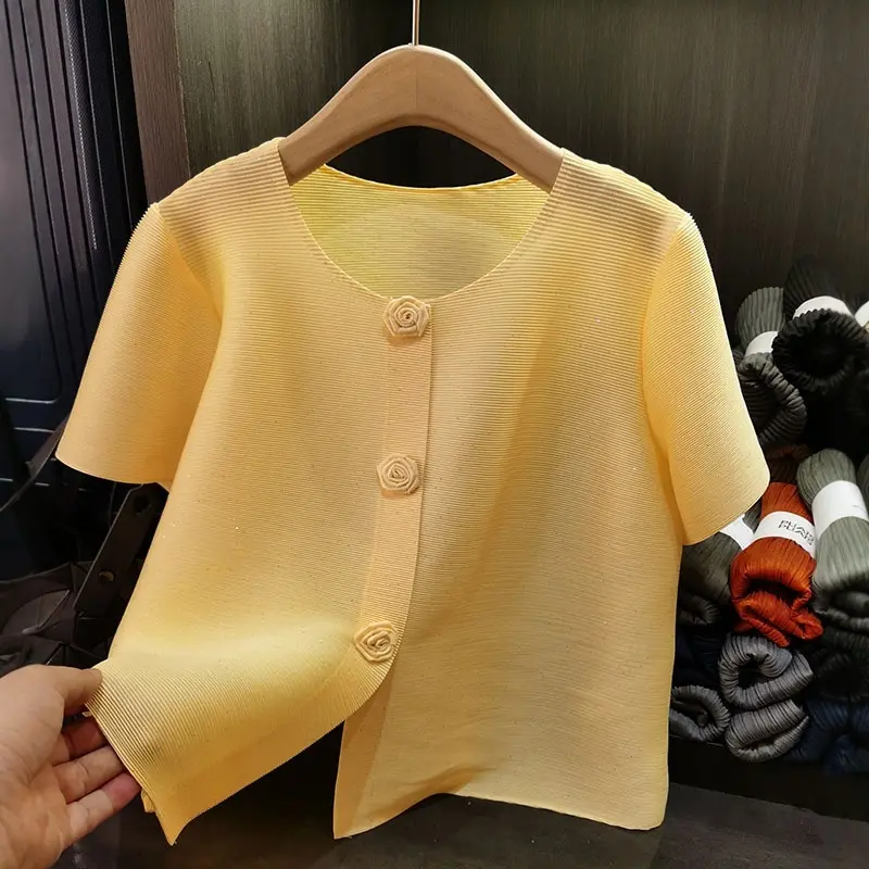 LANMREM Yellow Pleated Short Jacket For Women High-end Versatile Cardigan Single Breasted Tops Loose Causal Short Sleeve Clothes