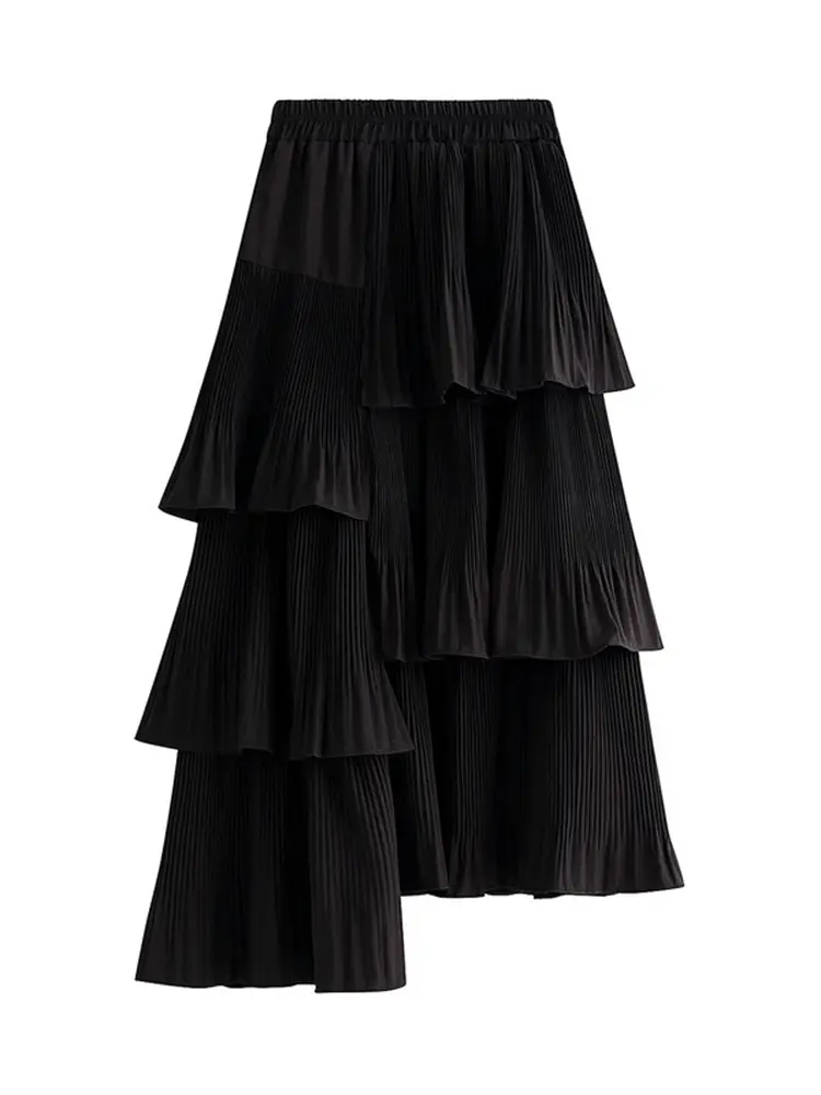 LANMREM Asymmetric Pleated Cake Skirt Women's Versatile Medium And Long Ruffle Irregular Skirts Female Fashion 2025 New 2R1140