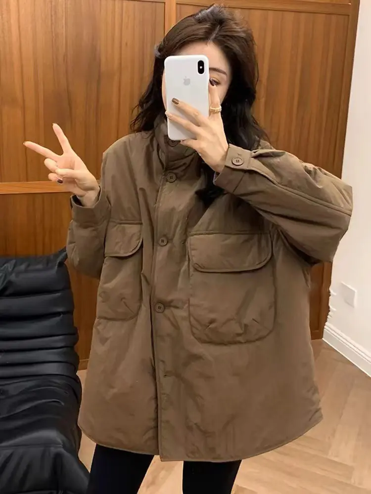 LANMREM Winter Big Pockets Cotton Padded Coat For Women Stand Collar Solid Color Single Breasted Jackets Casual Clothing 2VV1960