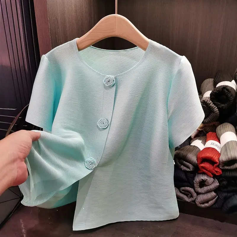 LANMREM Yellow Pleated Short Jacket For Women High-end Versatile Cardigan Single Breasted Tops Loose Causal Short Sleeve Clothes