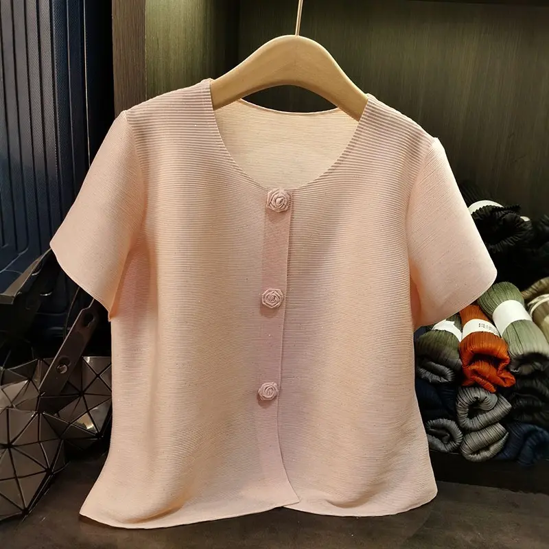 LANMREM Yellow Pleated Short Jacket For Women High-end Versatile Cardigan Single Breasted Tops Loose Causal Short Sleeve Clothes