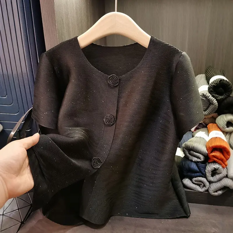LANMREM Yellow Pleated Short Jacket For Women High-end Versatile Cardigan Single Breasted Tops Loose Causal Short Sleeve Clothes