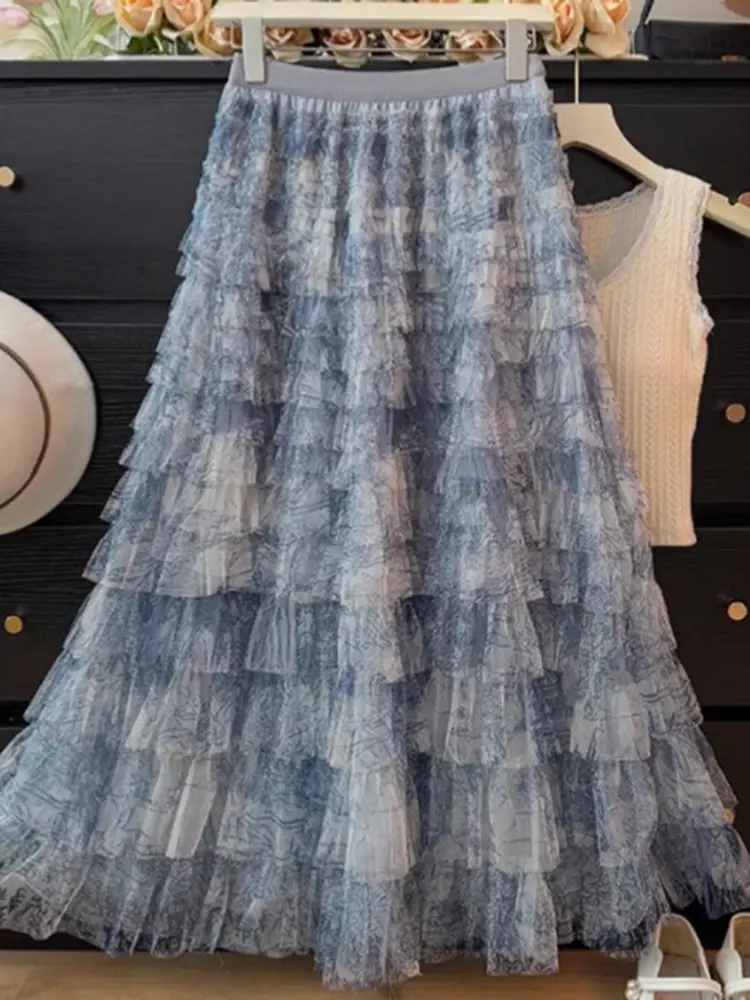 LANMREM Tie-Dye Skirt Elastic High Waist Long Length Women's 2025 Summer New Layered Mid-Length Mesh Skirt Fashion 2DM1094