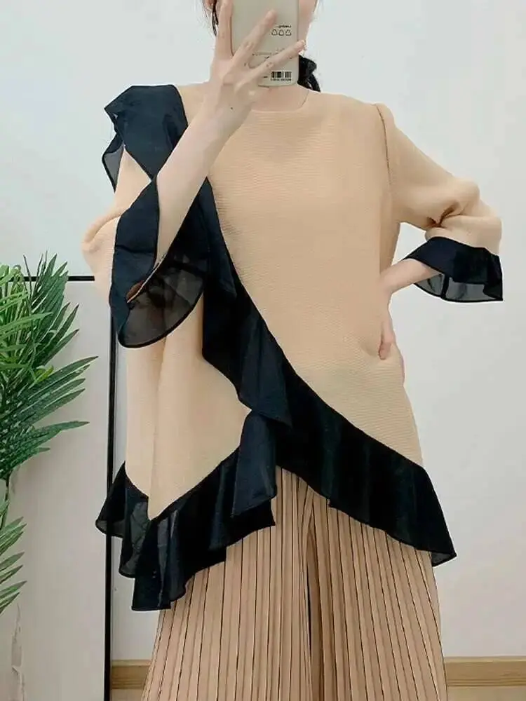 LANMREM Ruffled Irregular Top+casual Wide Leg Pants Versatile Two-piece Pleated Set Female Loose Elegant Clothing 2DA2165