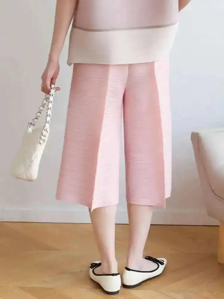 LANMREM Solid Color Pleated Pants Women Fashion Tide 2025 Summer New Elastic Waist Loose Casual Calf-length Trousers 2DE680
