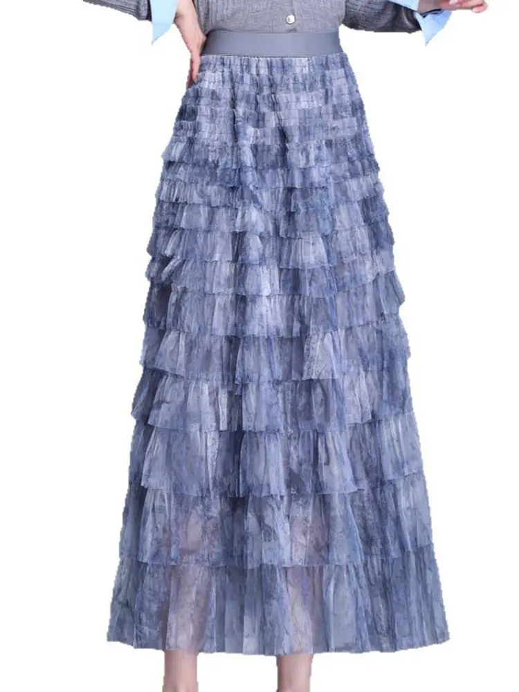 LANMREM Tie-Dye Skirt Elastic High Waist Long Length Women's 2025 Summer New Layered Mid-Length Mesh Skirt Fashion 2DM1094