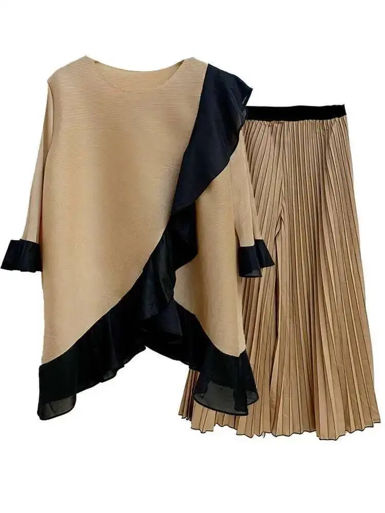 LANMREM Ruffled Irregular Top+casual Wide Leg Pants Versatile Two-piece Pleated Set Female Loose Elegant Clothing 2DA2165