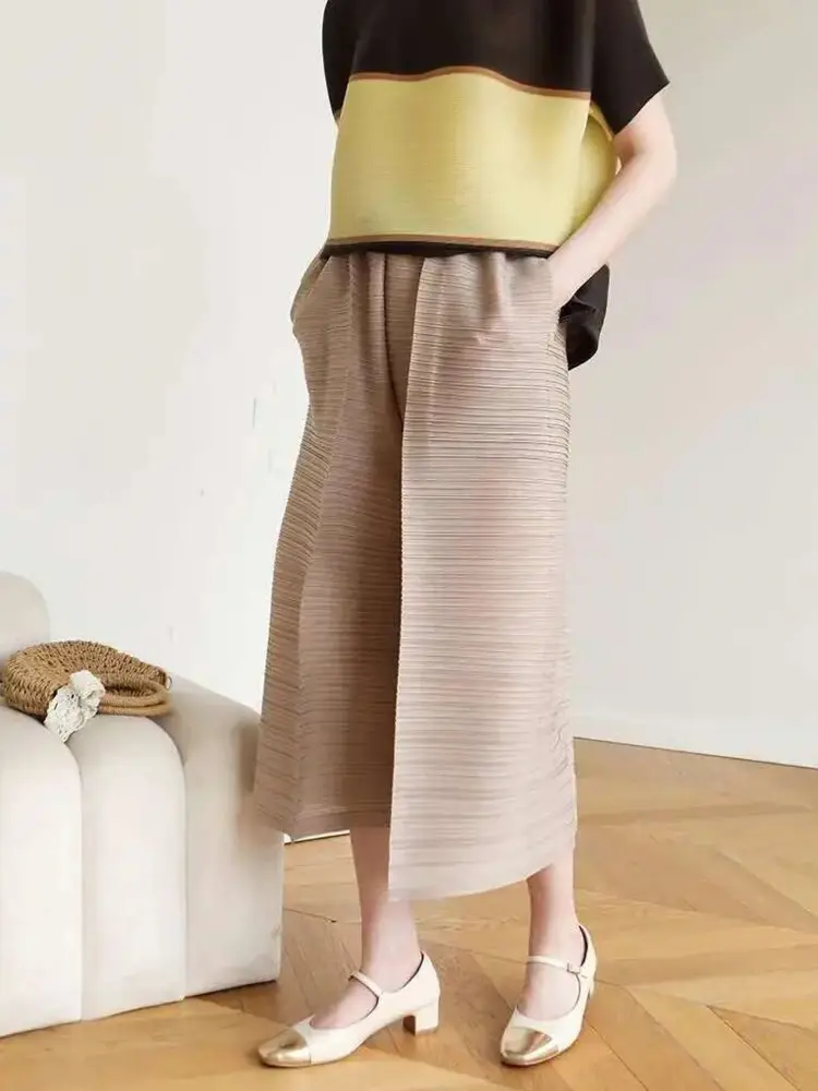LANMREM Solid Color Pleated Pants Women Fashion Tide 2025 Summer New Elastic Waist Loose Casual Calf-length Trousers 2DE680