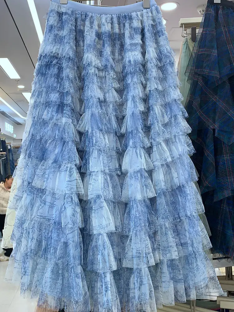 LANMREM Tie-Dye Skirt Elastic High Waist Long Length Women's 2025 Summer New Layered Mid-Length Mesh Skirt Fashion 2DM1094