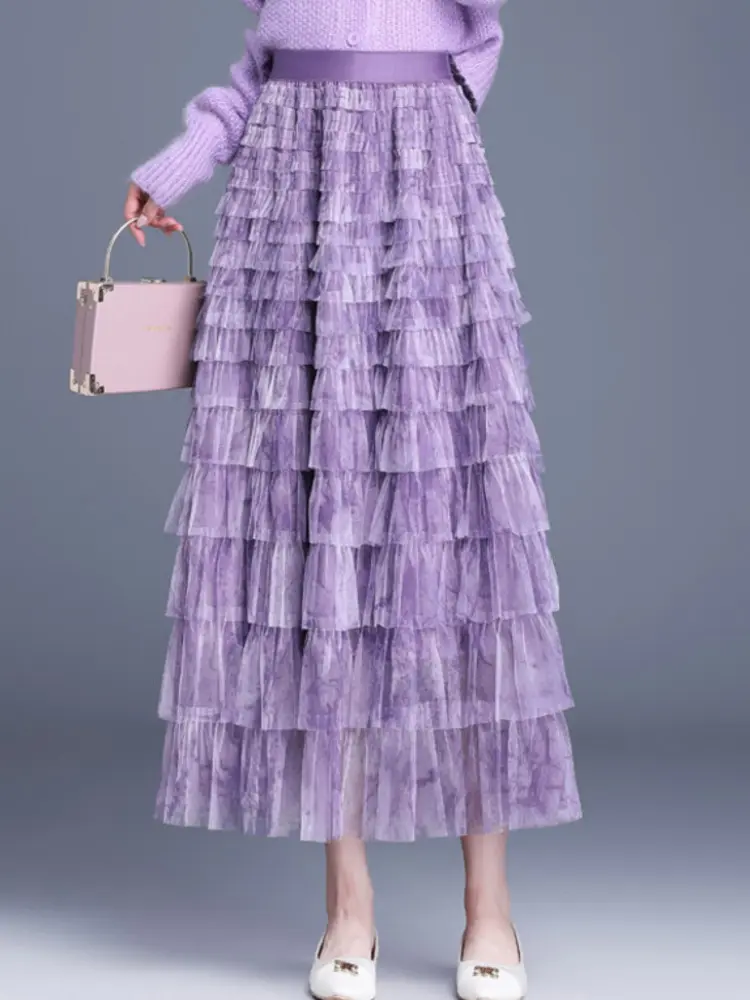 LANMREM Tie-Dye Skirt Elastic High Waist Long Length Women's 2025 Summer New Layered Mid-Length Mesh Skirt Fashion 2DM1094