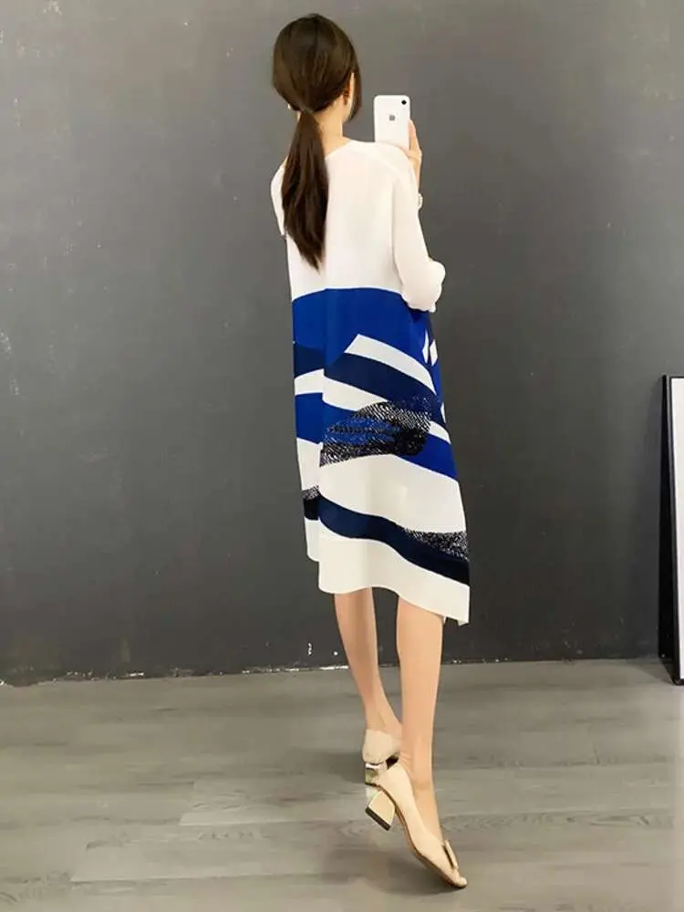 LANMREM Pleated Printed Color Block Dress Women 2025 Spring And Summer New Loose Casual Large Hem Dresses Female Fashion 2M245