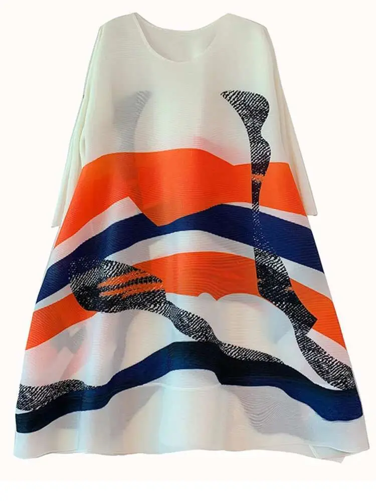 LANMREM Pleated Printed Color Block Dress Women 2025 Spring And Summer New Loose Casual Large Hem Dresses Female Fashion 2M245