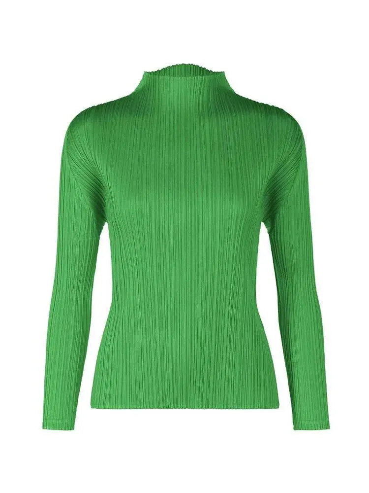 LANMREM 2025 New Long Sleeved Women's Pleated T-shirt Base Solid Color Stand Collar Slim Fit Long Pullover Tops Chic 2DB2996