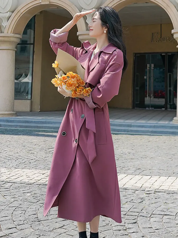 LANMREM Purple Elegant Trench Coat Lapel Long Sleeve Double Breasted Belt Slim Windbreaker New Korean Style Clothing 2Q1285