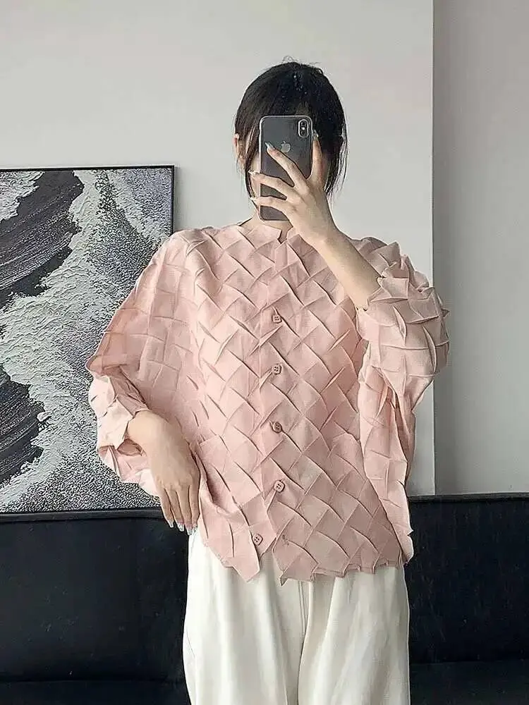 LANMREM Pleated Casual Shirt Women's Stand Collar Single Breasted Solid Color Blouses 2024 Female Autumn New Clothing 2Z2267