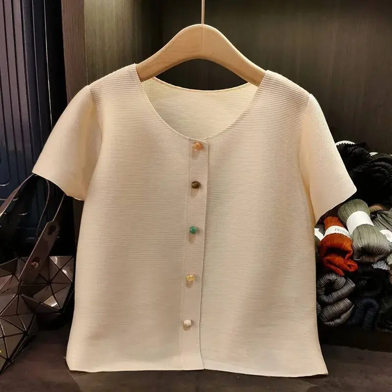 LANMREM Purple Simple Pleated Short Top Women's Short Sleeved Round Collar Jacket Korean Trendy High-end Single Breasted Clothes