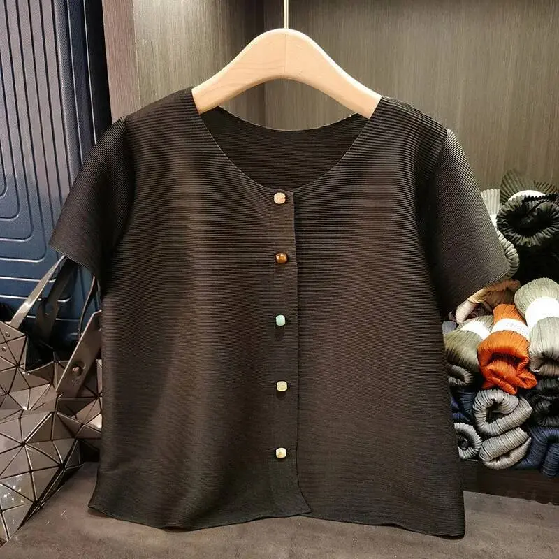 LANMREM Purple Simple Pleated Short Top Women's Short Sleeved Round Collar Jacket Korean Trendy High-end Single Breasted Clothes